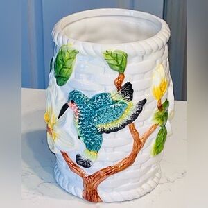 LBK- Ceramic Vase, 3D Raised-Embossed Hummingbird Flower Buds on Trees 6” Tall